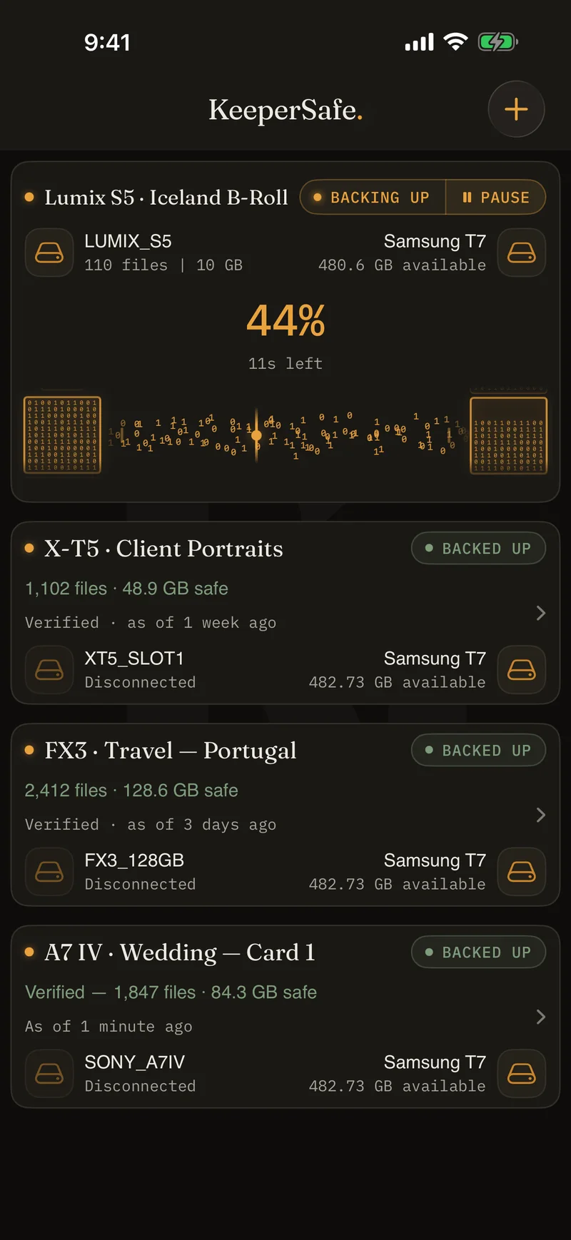 KeeperSafe mid-backup: 110 files streaming to a Samsung T7 at 51 percent, with verified backups resting below